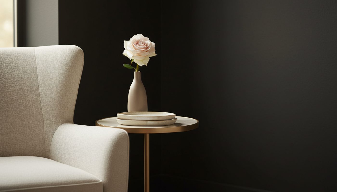 Calm med spa treatment room corner with an ivory chair, champagne side table and a single pale rose at a Quad Cities med spa