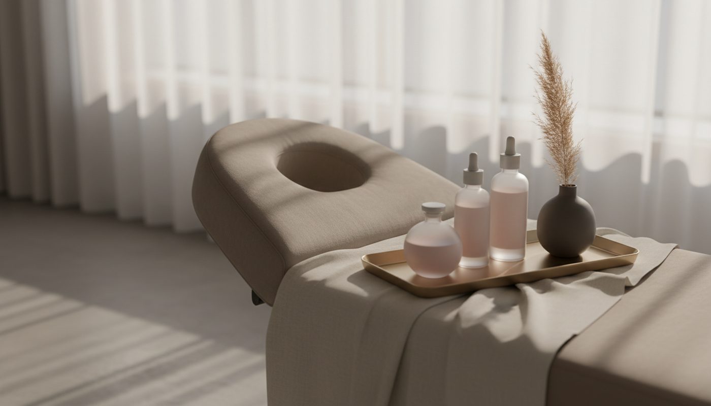 Softly lit med spa treatment room with ivory linen, a champagne tray of unlabeled skincare bottles and a dried pampas stem