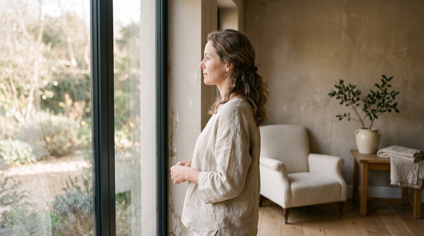 Woman in her forties looking out a sunlit window in a calm, neutral-toned room