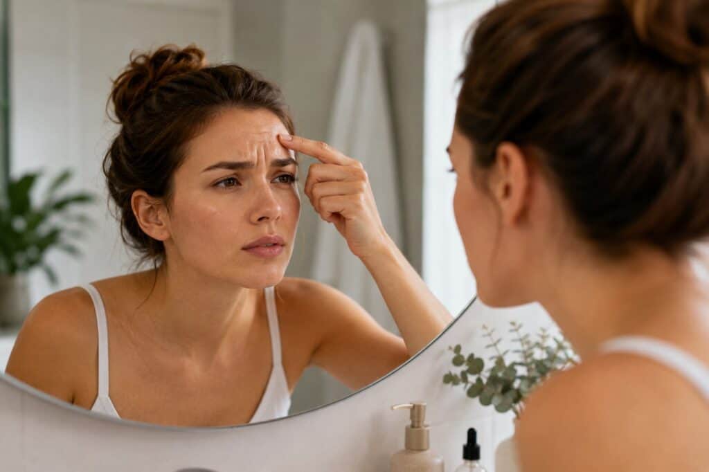 Woman in her thirties looking at frown lines between her eyebrows in a bathroom mirror