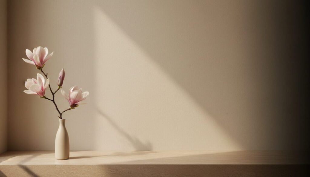 Pale pink magnolia branch in an ivory ceramic vase on a champagne travertine ledge in warm light, illustrating a BodyTite cost guide from The Bar in the Quad Cities