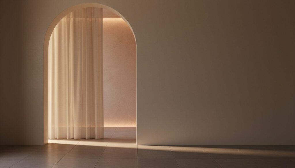 Soft warm light through an ivory archway and sheer curtain in a calm spa interior