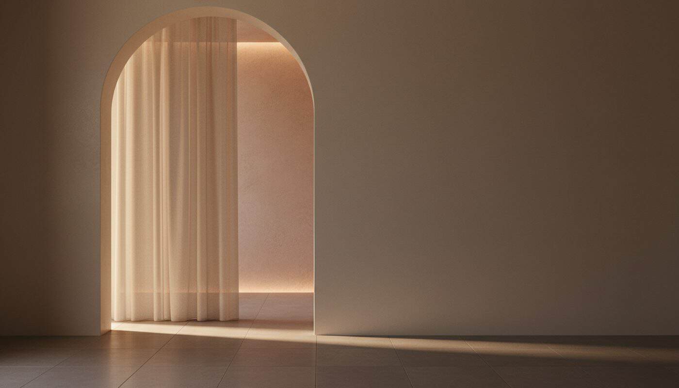 Soft warm light through an ivory archway and sheer curtain in a calm spa interior