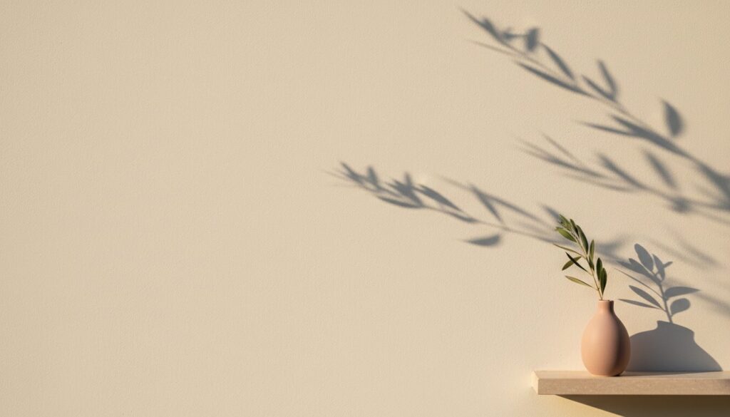 Golden-hour light and olive-branch shadows on an ivory wall beside a small rose ceramic vase, editorial image for a lip filler cost guide
