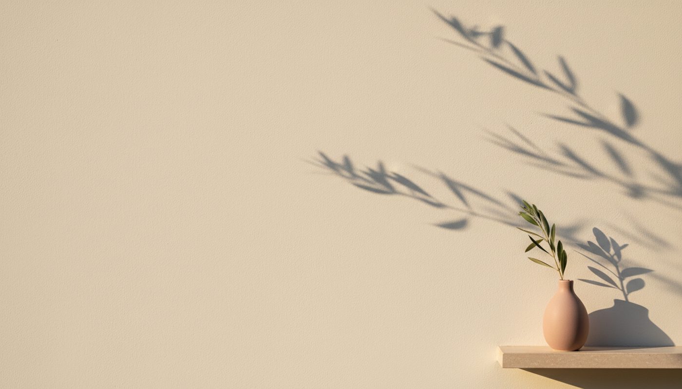 Golden-hour light and olive-branch shadows on an ivory wall beside a small rose ceramic vase, editorial image for a lip filler cost guide