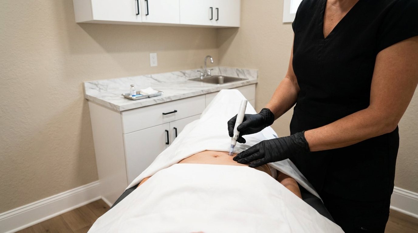 Illustrative image of a microneedling treatment in progress in a treatment room at The Bar Aesthetics & Wellness in Davenport