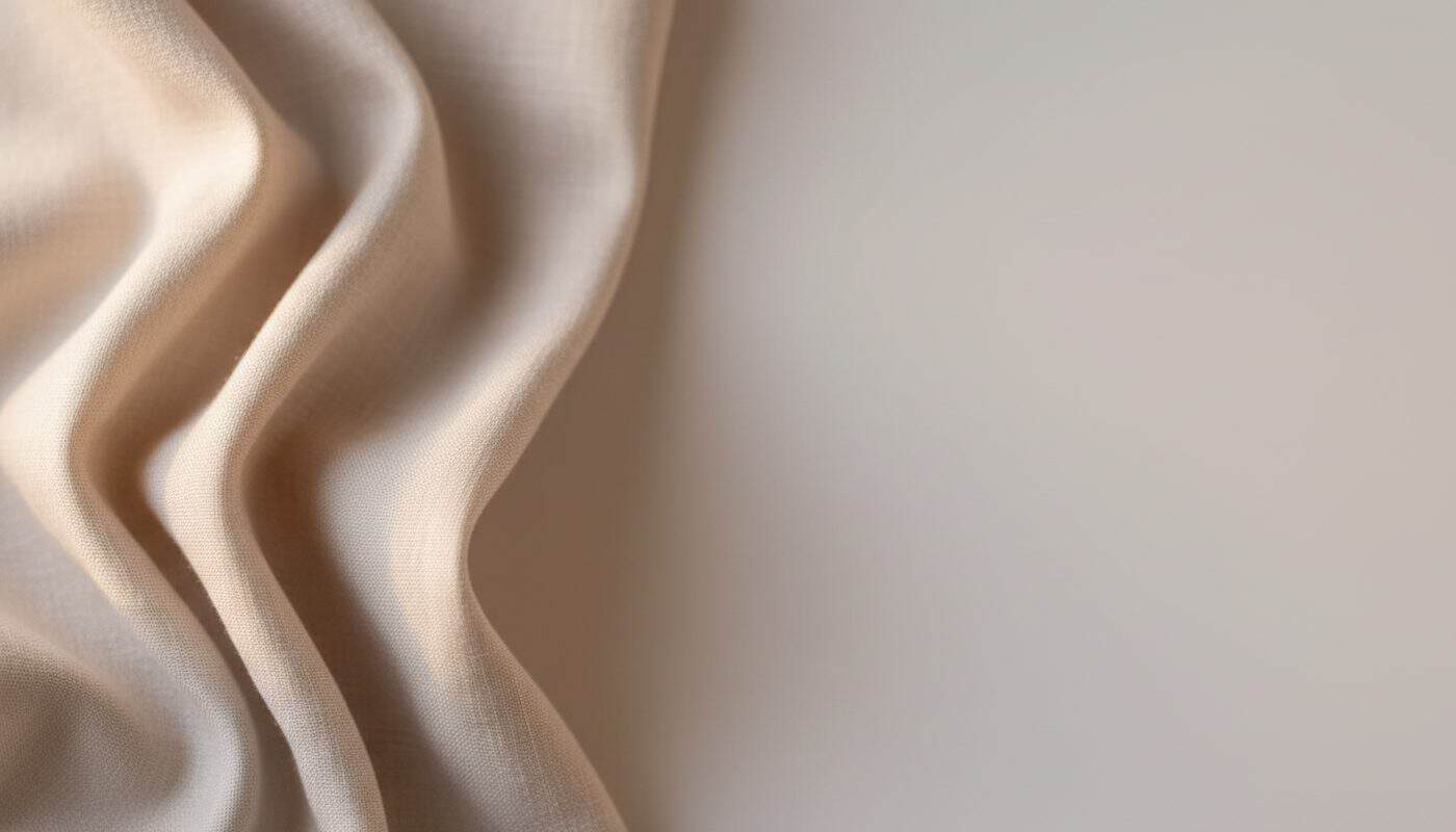 Softly draped ivory linen fabric in warm diffused light at a Quad Cities med spa — editorial still-life illustration