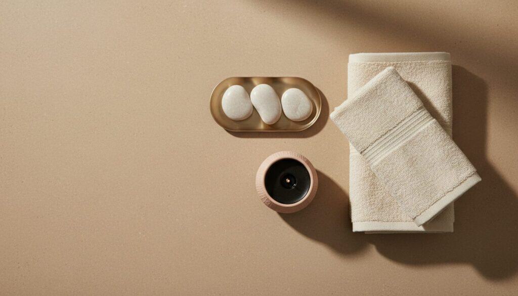 Flat-lay of folded ivory spa towels, smooth stones on a champagne tray, and an unlit candle on a taupe surface