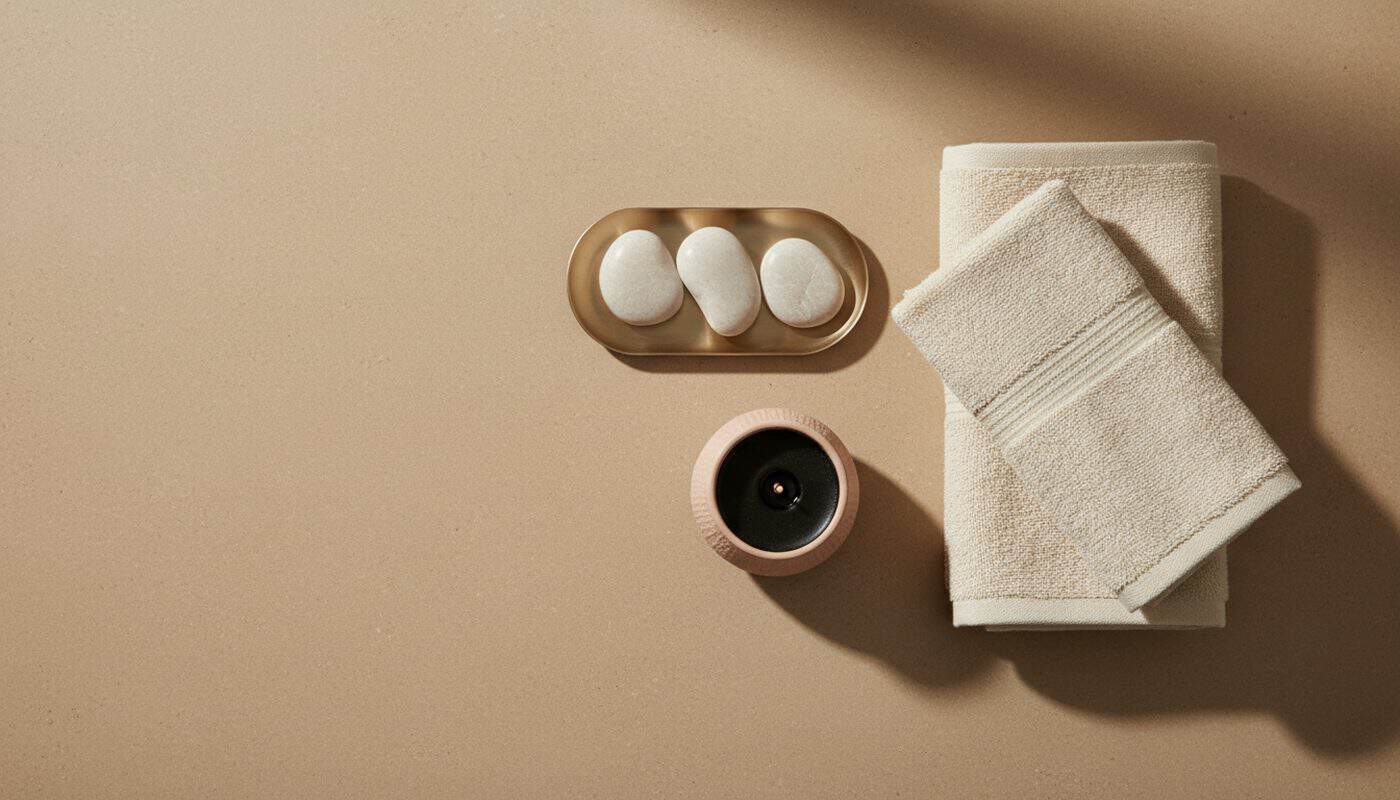 Flat-lay of folded ivory spa towels, smooth stones on a champagne tray, and an unlit candle on a taupe surface