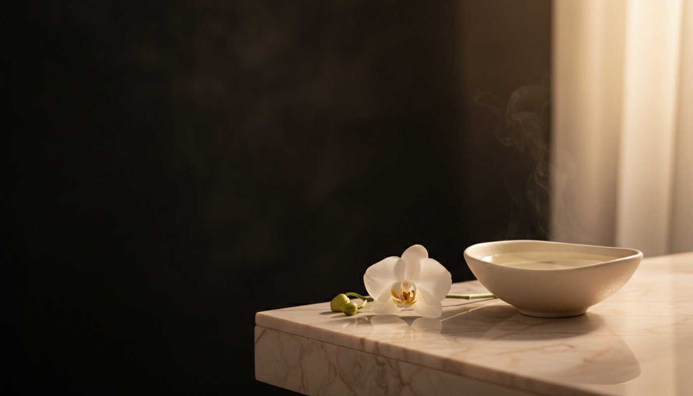 White orchid and steaming ceramic bowl on a blush marble table in warm window light at The Bar Aesthetics & Wellness