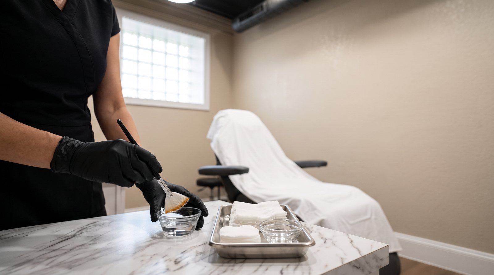 Illustrative image of chemical peel preparation with a fan brush and gauze in a treatment room at The Bar Aesthetics & Wellness in Davenport