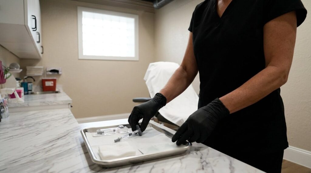 Illustrative image of dermal filler preparation in a treatment room at The Bar Aesthetics & Wellness in Davenport