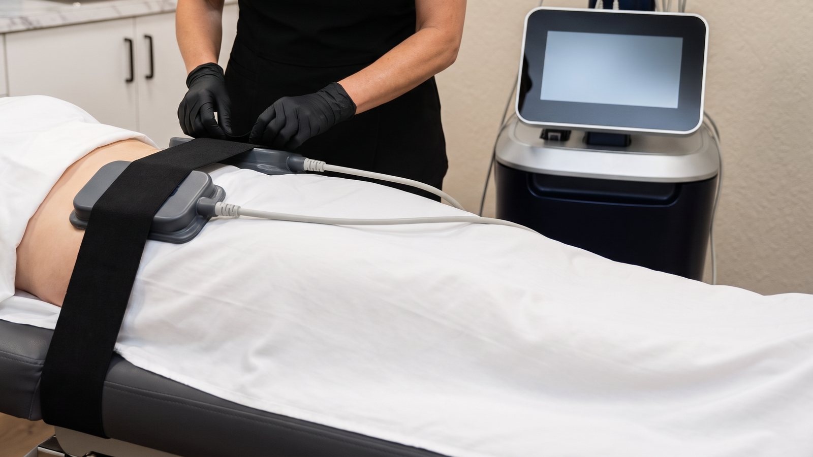 Illustrative image of a hands-free EvolveX body contouring session in a treatment room at The Bar Aesthetics & Wellness in Davenport