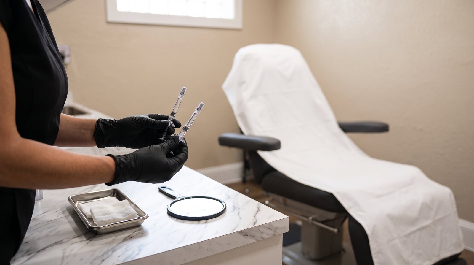 Illustrative image of two capped lip filler syringes being compared before an appointment in a treatment room at The Bar Aesthetics & Wellness in Davenport